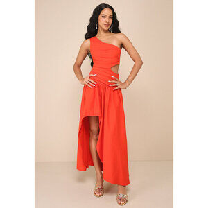 Lulus Sunny Persuasion Red Linen Cutout One-shoulder Midi Dress - Size S